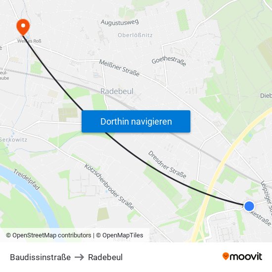 Baudissinstraße to Radebeul map