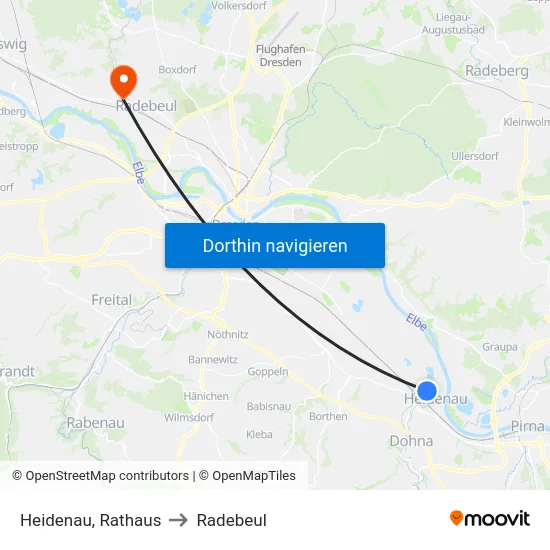 Heidenau, Rathaus to Radebeul map