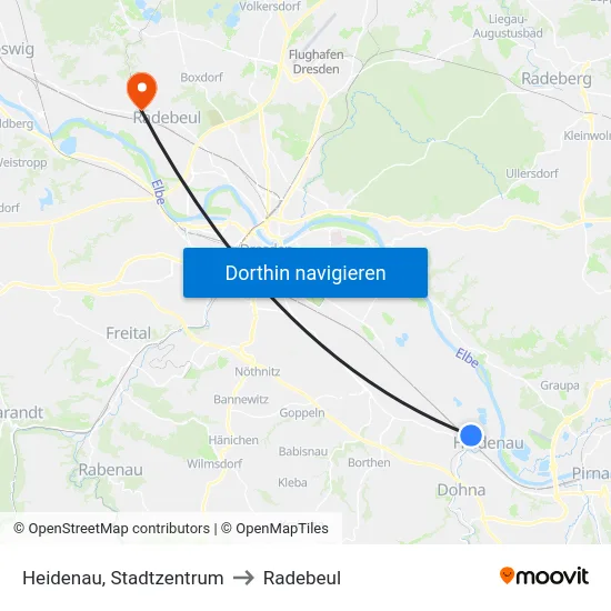 Heidenau, Stadtzentrum to Radebeul map