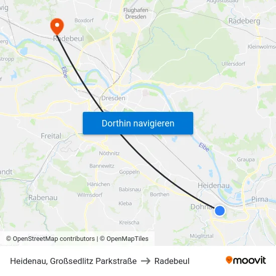 Heidenau, Großsedlitz Parkstraße to Radebeul map