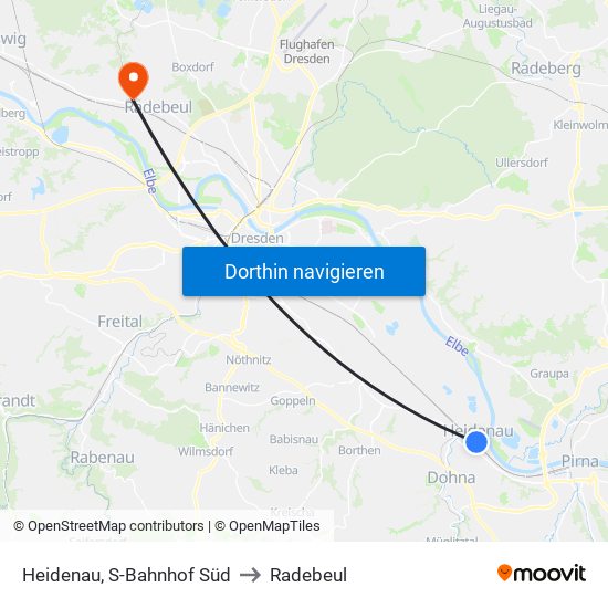 Heidenau, S-Bahnhof Süd to Radebeul map