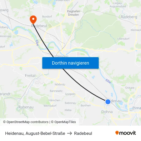 Heidenau, August-Bebel-Straße to Radebeul map