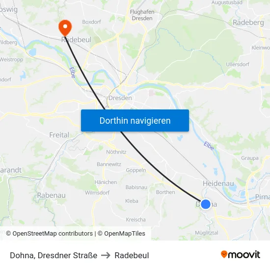 Dohna, Dresdner Straße to Radebeul map