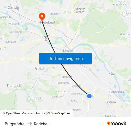 Burgstädtel to Radebeul map