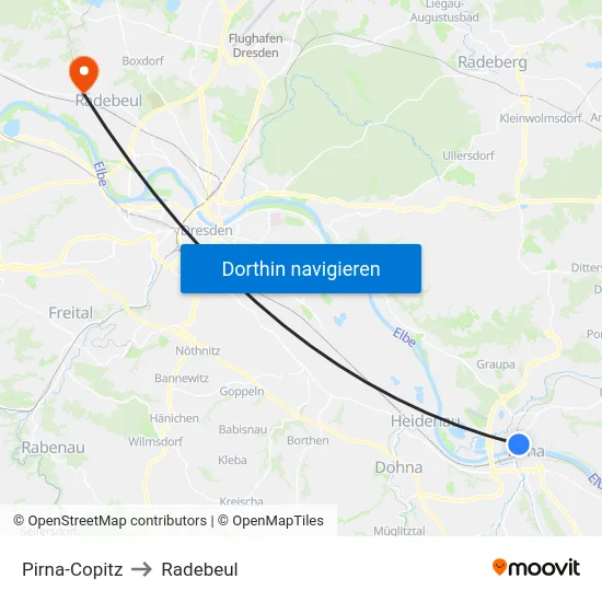 Pirna-Copitz to Radebeul map