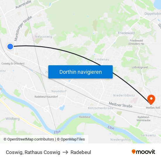 Coswig, Rathaus Coswig to Radebeul map