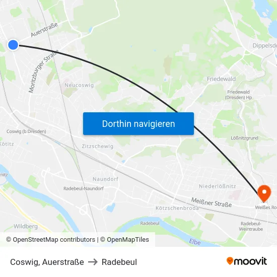Coswig, Auerstraße to Radebeul map