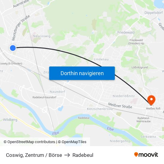 Coswig, Zentrum / Börse to Radebeul map