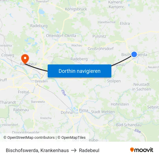 Bischofswerda, Krankenhaus to Radebeul map
