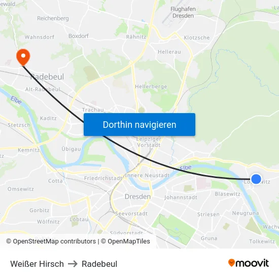 Weißer Hirsch to Radebeul map