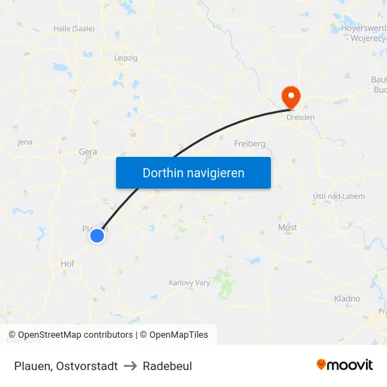 Plauen, Ostvorstadt to Radebeul map