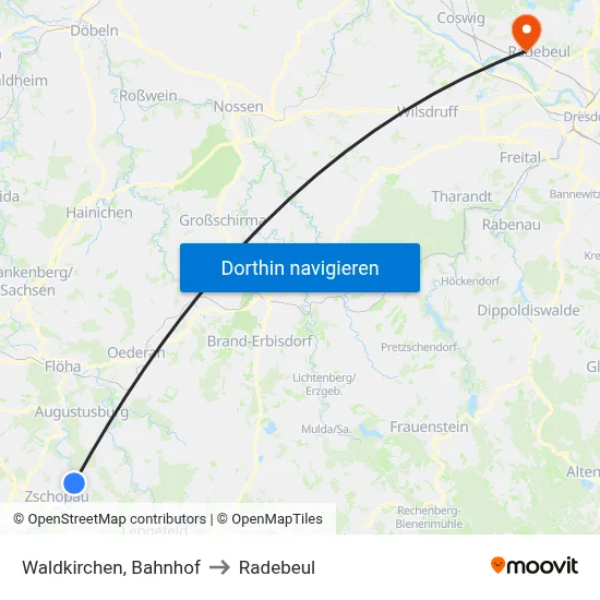Waldkirchen, Bahnhof to Radebeul map