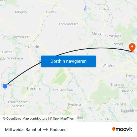 Mittweida, Bahnhof to Radebeul map