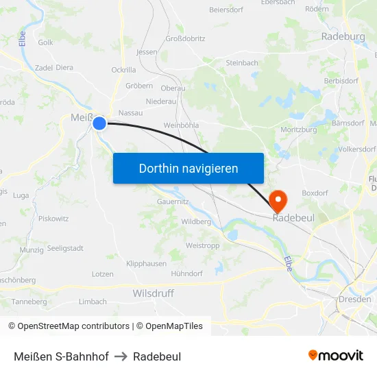 Meißen S-Bahnhof to Radebeul map