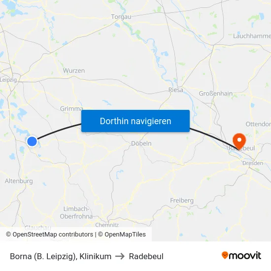 Borna (B. Leipzig), Klinikum to Radebeul map