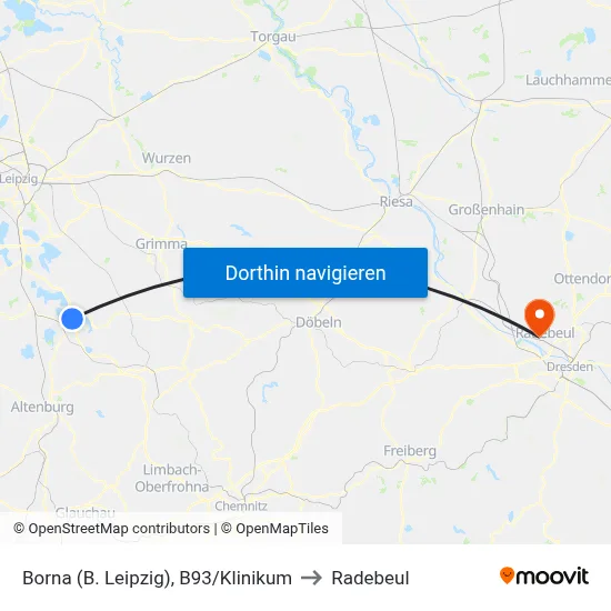 Borna (B. Leipzig), B93/Klinikum to Radebeul map