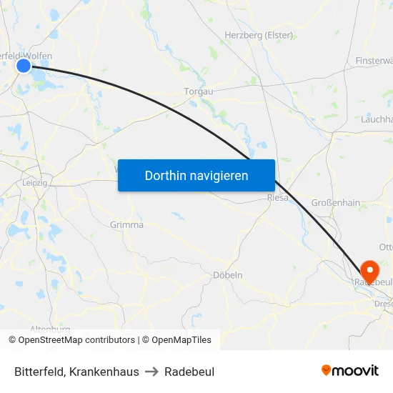Bitterfeld, Krankenhaus to Radebeul map