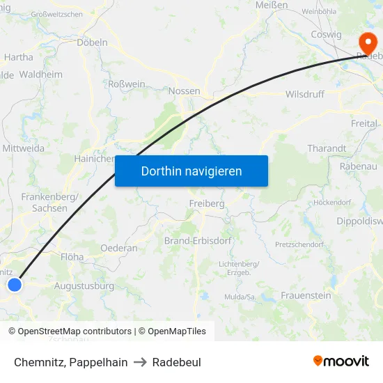 Chemnitz, Pappelhain to Radebeul map