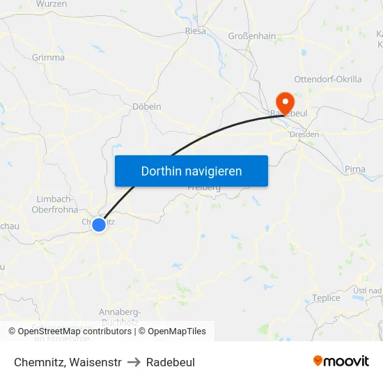 Chemnitz, Waisenstr to Radebeul map