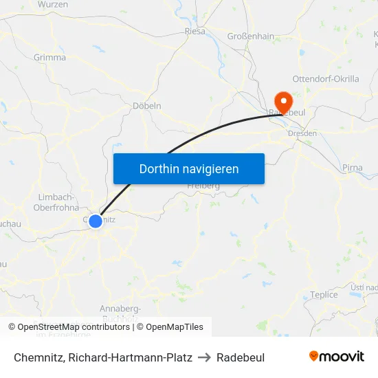 Chemnitz, Richard-Hartmann-Platz to Radebeul map
