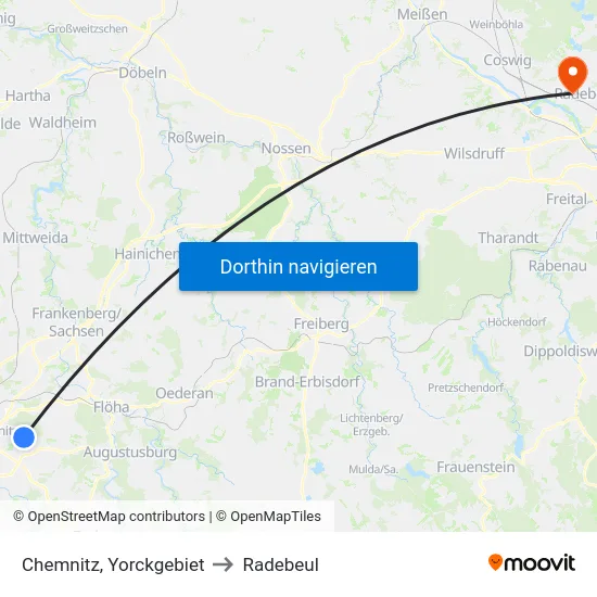 Chemnitz, Yorckgebiet to Radebeul map