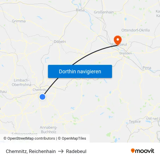 Chemnitz, Reichenhain to Radebeul map