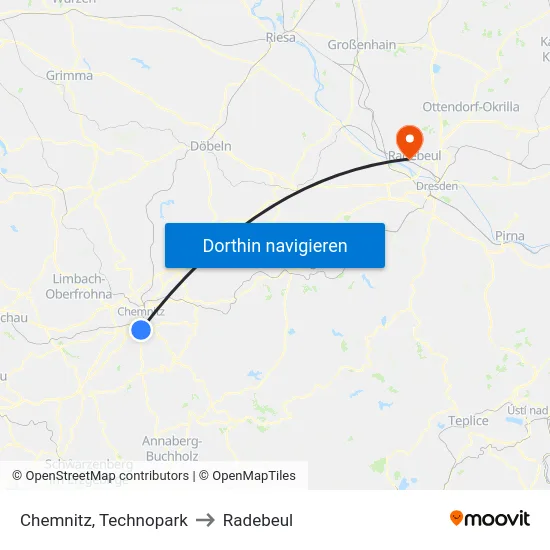 Chemnitz, Technopark to Radebeul map