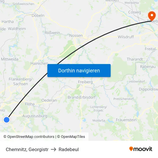 Chemnitz, Georgistr to Radebeul map