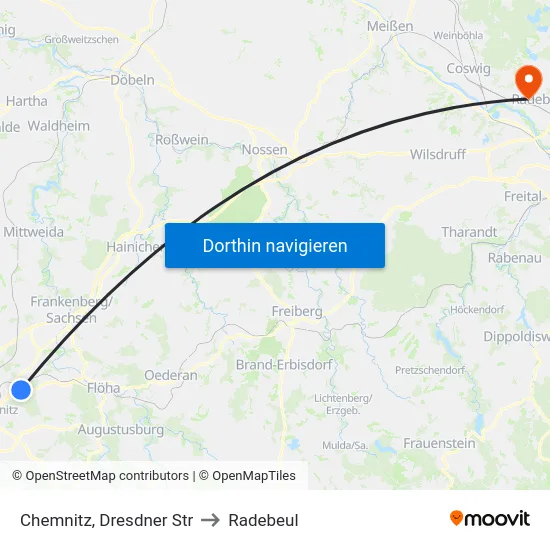 Chemnitz, Dresdner Str to Radebeul map