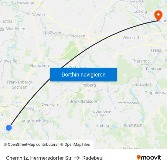 Chemnitz, Hermersdorfer Str to Radebeul map