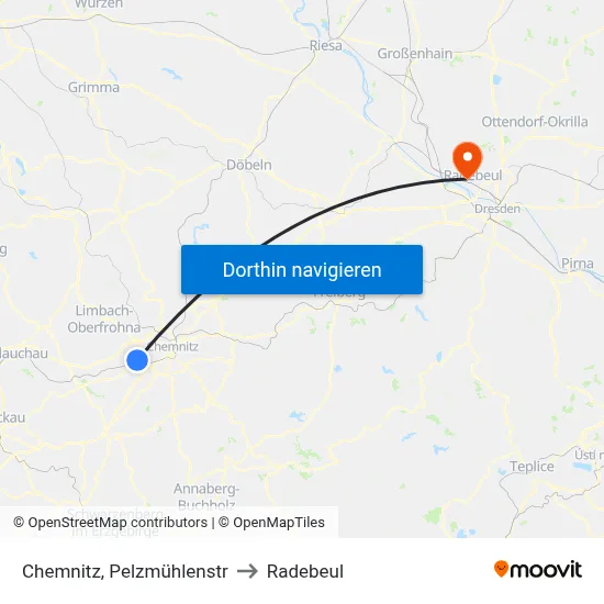 Chemnitz, Pelzmühlenstr to Radebeul map