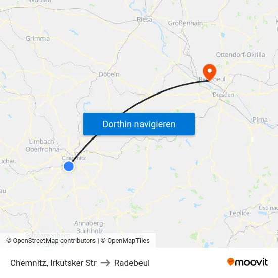 Chemnitz, Irkutsker Str to Radebeul map