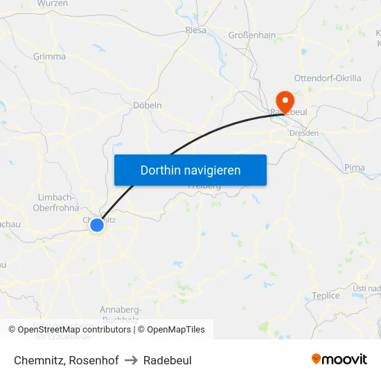 Chemnitz, Rosenhof to Radebeul map
