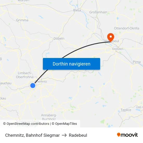 Chemnitz, Bahnhof Siegmar to Radebeul map