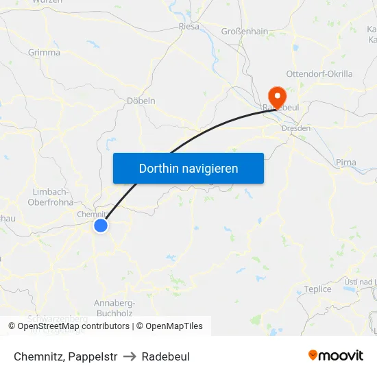 Chemnitz, Pappelstr to Radebeul map