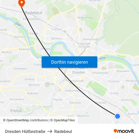 Dresden Hülßestraße to Radebeul map