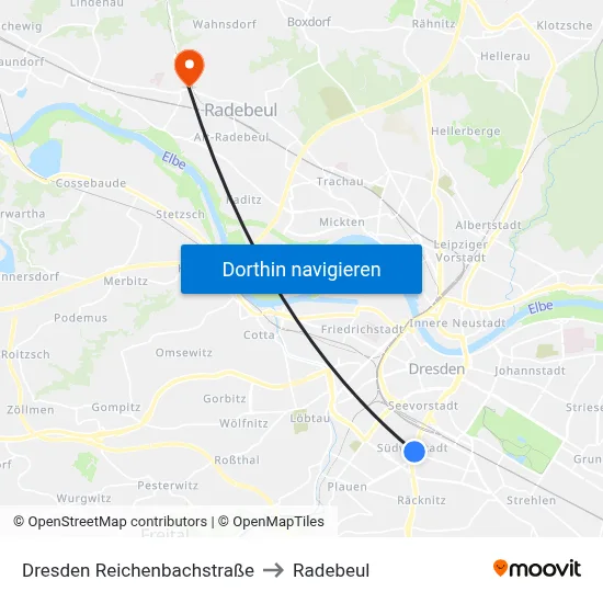 Dresden Reichenbachstraße to Radebeul map
