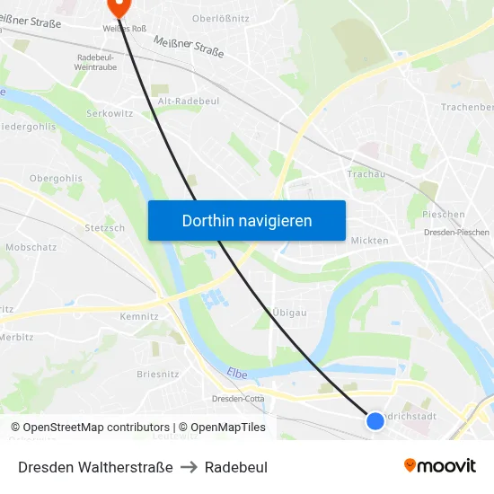 Dresden Waltherstraße to Radebeul map