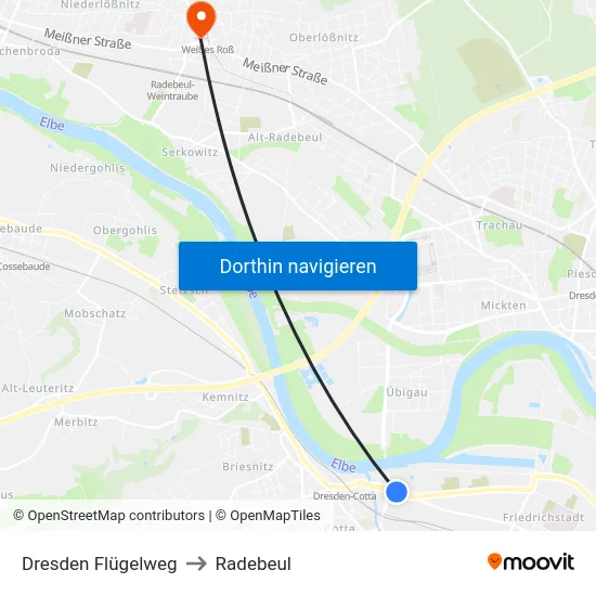 Dresden Flügelweg to Radebeul map