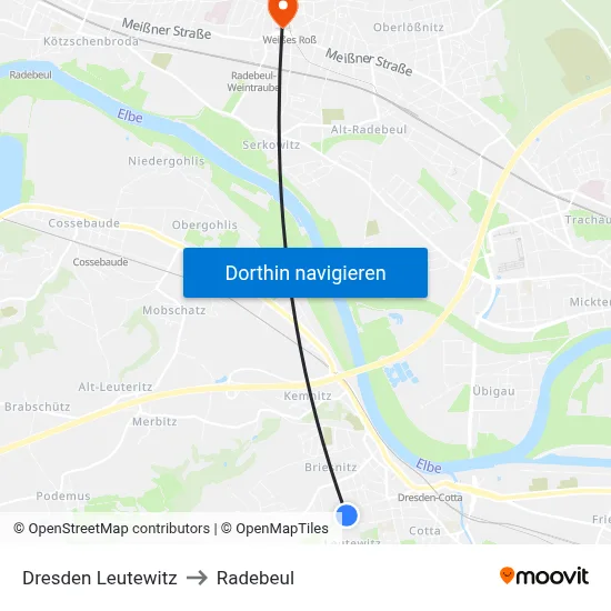 Dresden Leutewitz to Radebeul map