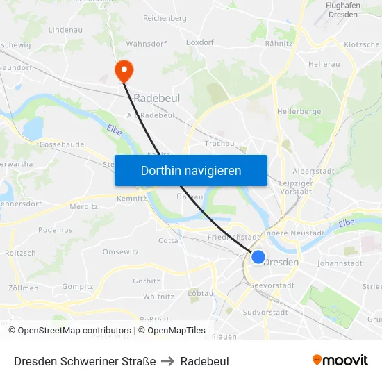 Dresden Schweriner Straße to Radebeul map