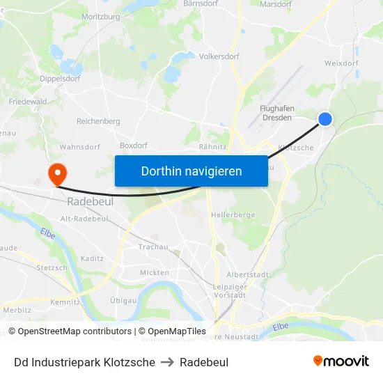 Dd Industriepark Klotzsche to Radebeul map