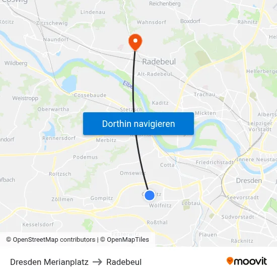 Dresden Merianplatz to Radebeul map