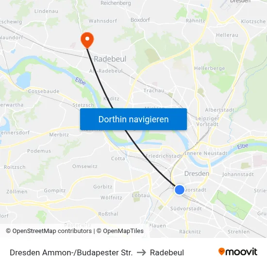 Dresden Ammon-/Budapester Str. to Radebeul map