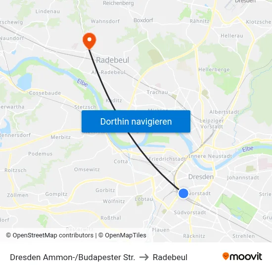 Dresden Ammon-/Budapester Str. to Radebeul map