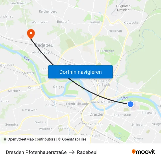 Dresden Pfotenhauerstraße to Radebeul map