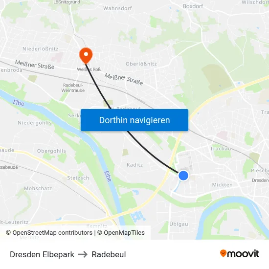 Dresden Elbepark to Radebeul map