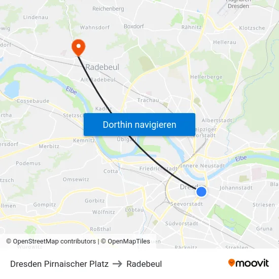 Dresden Pirnaischer Platz to Radebeul map