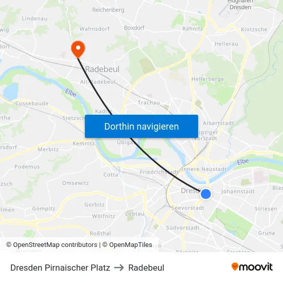 Dresden Pirnaischer Platz to Radebeul map