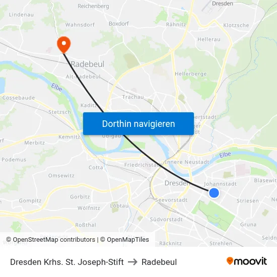 Dresden Krhs. St. Joseph-Stift to Radebeul map